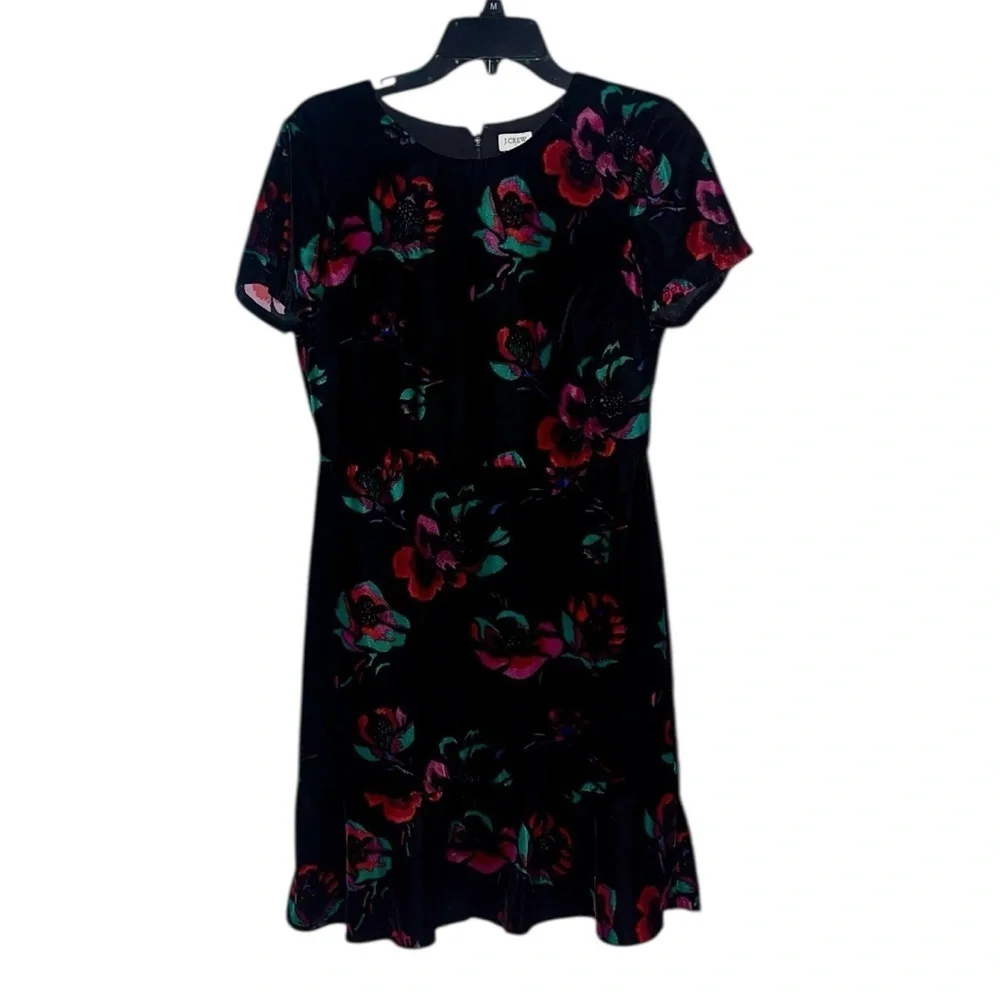 J. Crew Black Velvet Velour Short Sleeve Floral Flutter Dress Size 6 NWT